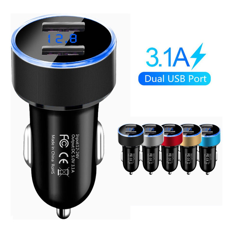 Cargador Auto Doble Usb 3.1a Con Voltímetro 12-24v Adaptador
