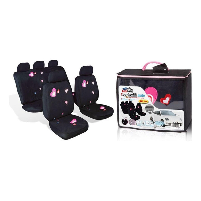 Set Funda Cubre Asiento 11pcs Negro Corazón Auto Universal
