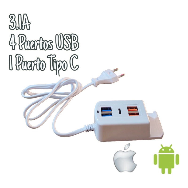 Hub Usb Alargador Enchufe 220v 4 Puertos Usb 1 Tipo C 3.1a