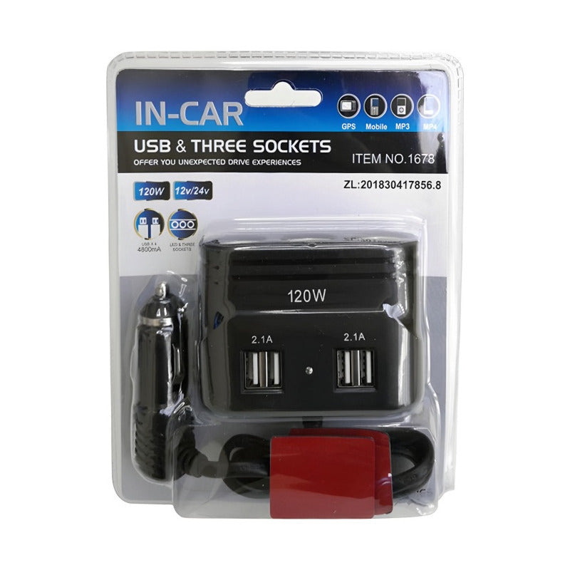 Adaptador 3 Encendedor 4 Usb 120w 12-24v Splitter Cenicero