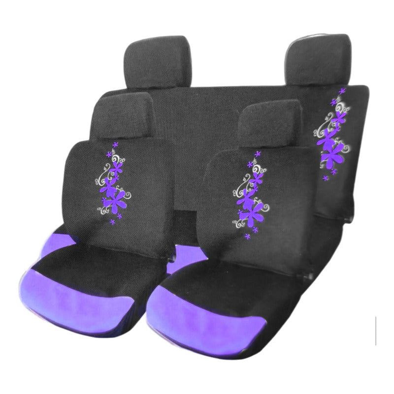 Funda Cubre Asiento Negro Flores Bordada 8pcs Auto Universal