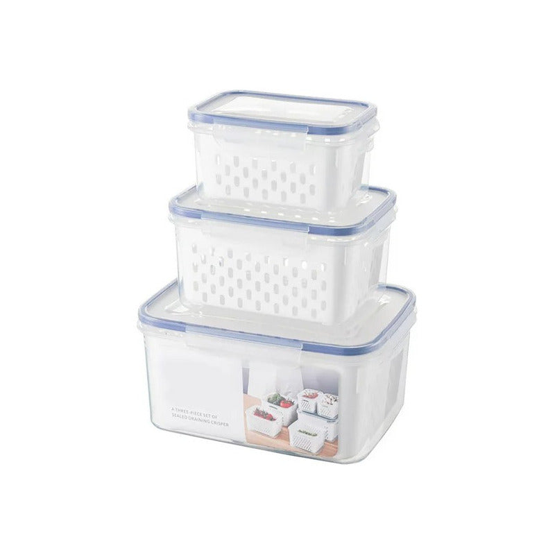 X3 Contenedor Hermético Frutas Verduras Frescas Con Colador