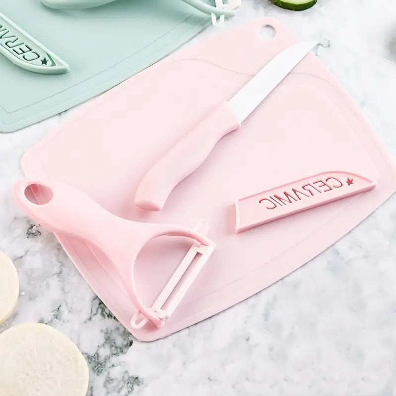 Set Cuchillo + Pelador De Cerámica De Frutas Verdura + Tabla