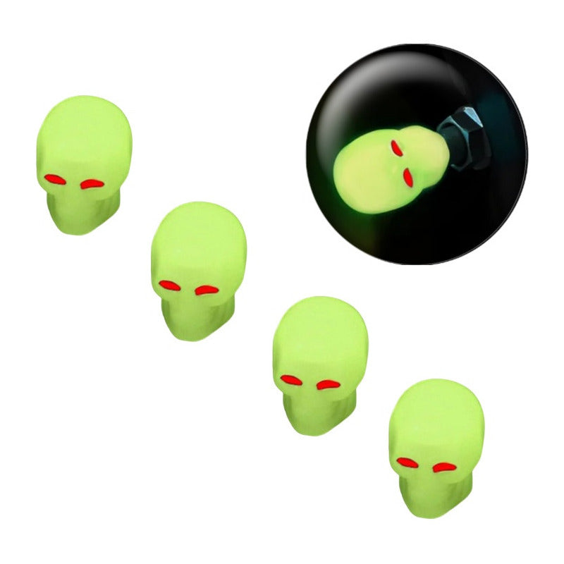Set X4 Tapa Válvula Flúor Auto Moto Bici Calavera Luminosa
