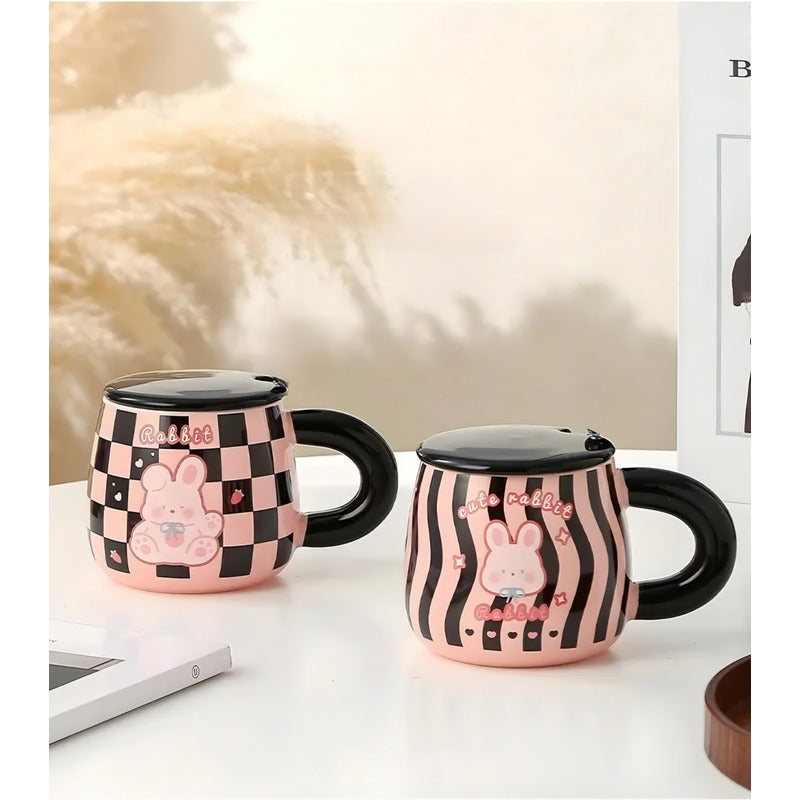 Tazón Kawaii Gato Y Conejo Mug Con Tapa Cuchara Taza Cartoon