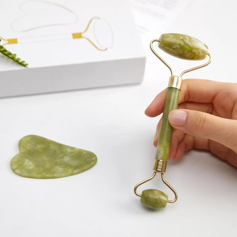 Rodillo Jade Masaje Facial Linfático + Piedra Gua Sha /r&c