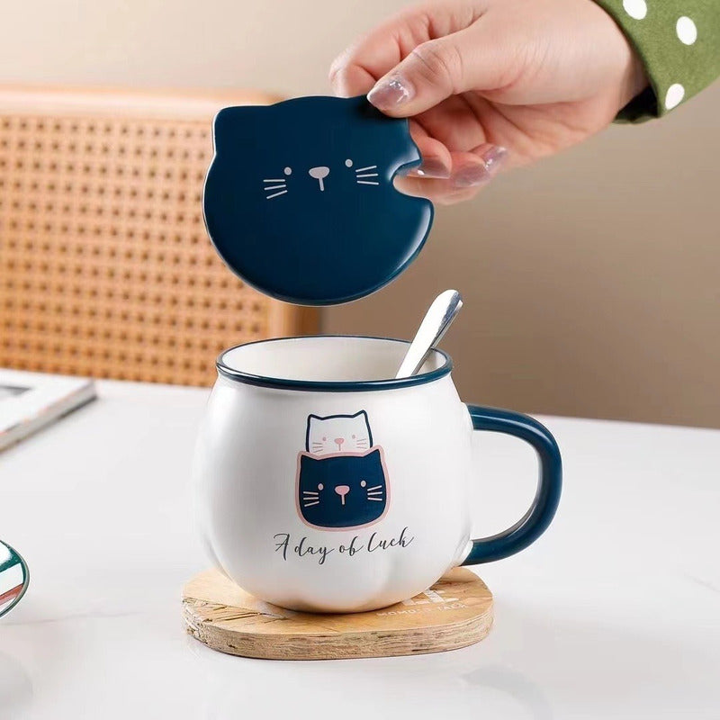 Taza Cat Cute Mug Con Tapa Y Cuchara Gato Kawaii /r&c