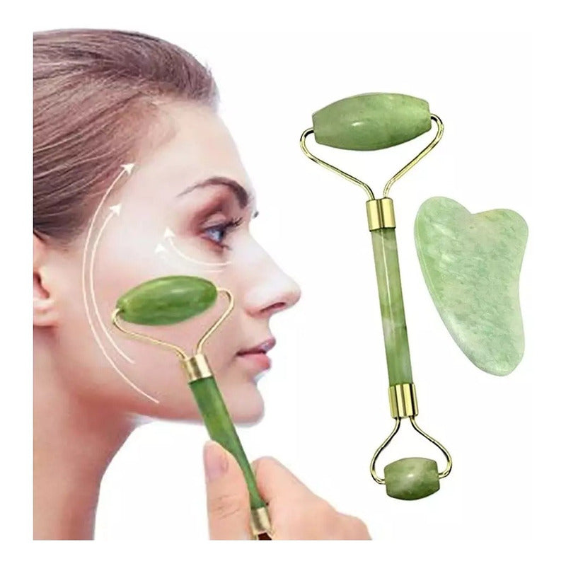 Rodillo Jade Masaje Facial Linfático + Piedra Gua Sha /r&c