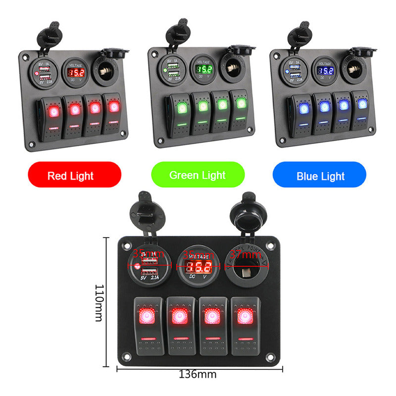 Panel Botonera 4 Interruptores Switch 2usb Voltimetro 12-24v