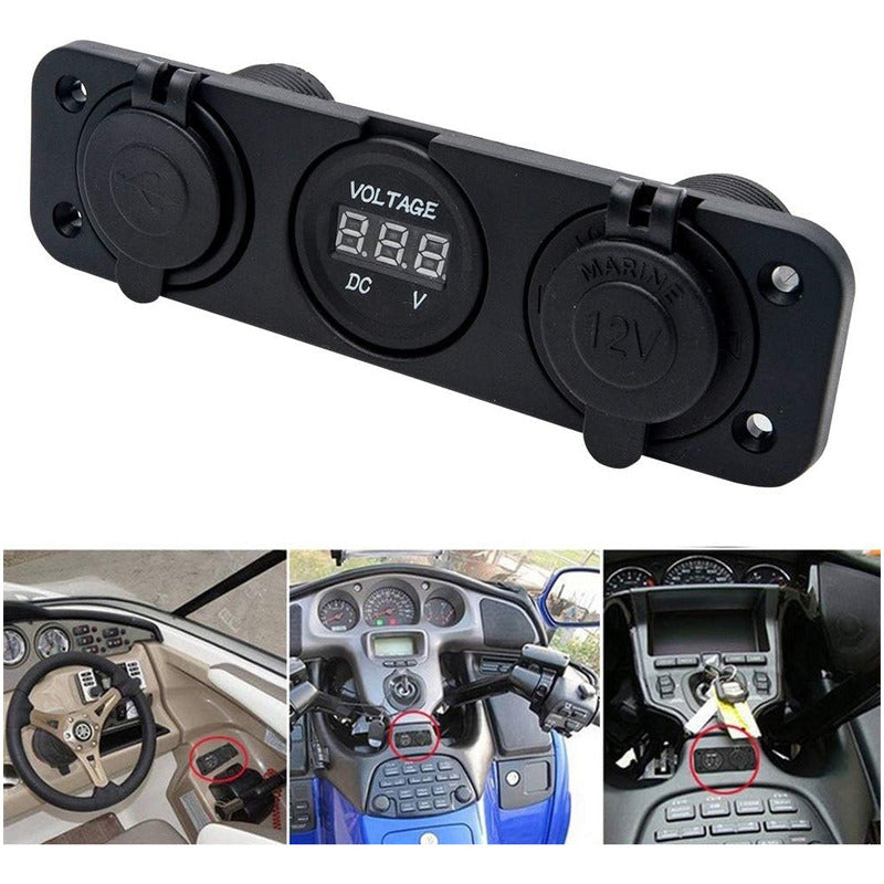 Panel Triple Adaptador 2usb + Voltímetro + Cenicero 12-24v