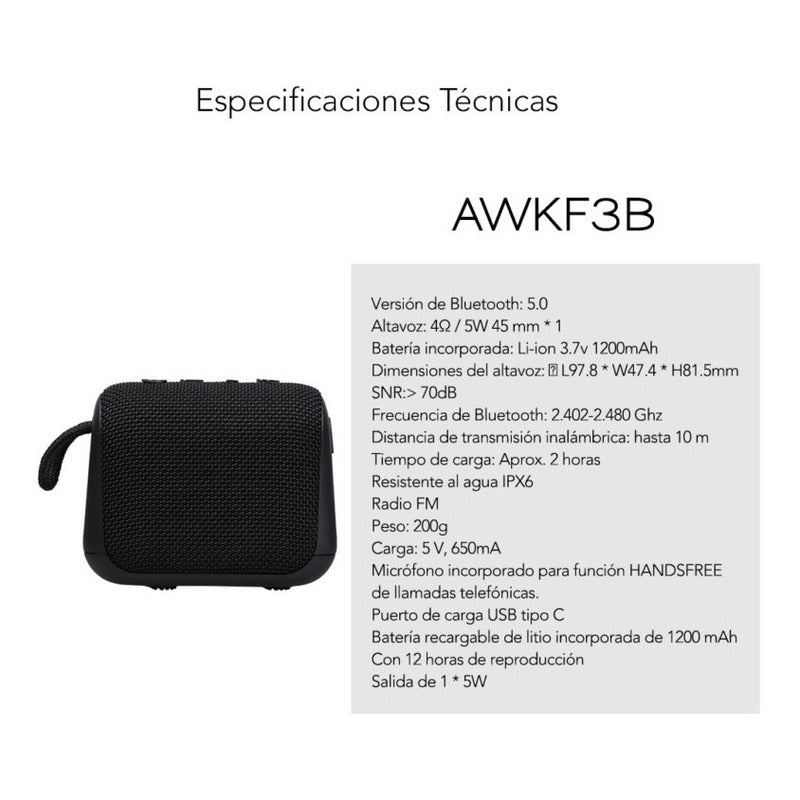 Parlante Aiwa Portátil Impermeable Awkf3b Bluetooth Recarga