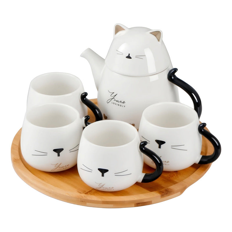 Set Tetera De Gatito De Porcelana + 4 Tazas + Bandeja Bambu