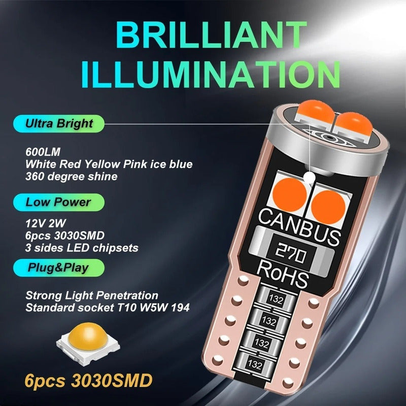X2 Ampolleta T10 Luz Rosa W5w 6 Led Cola Pescado 12v Canbus