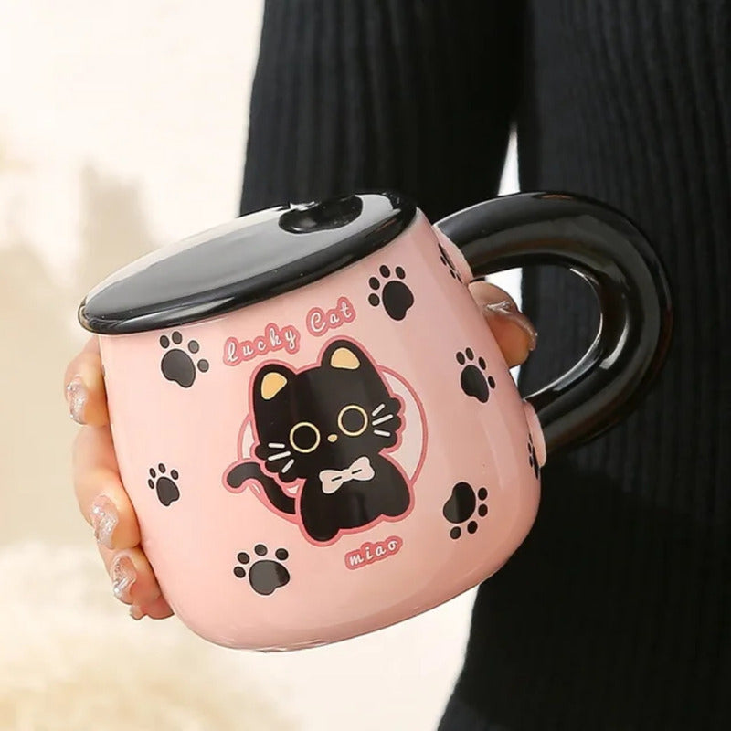 Tazón Kawaii Gato Y Conejo Mug Con Tapa Cuchara Taza Cartoon