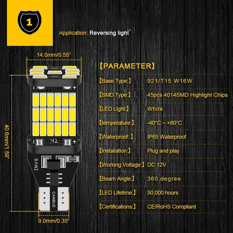 X2 Ampolleta Led T15 W16w 45led 12v Luz Reversa Canbus