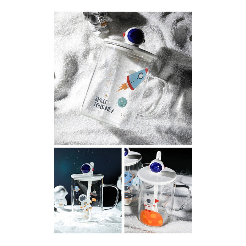 Taza De Vidrio De Astronauta Con Tapa Y Cuchara Cerámica R&c