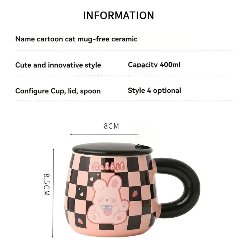 Tazón Kawaii Gato Y Conejo Mug Con Tapa Cuchara Taza Cartoon