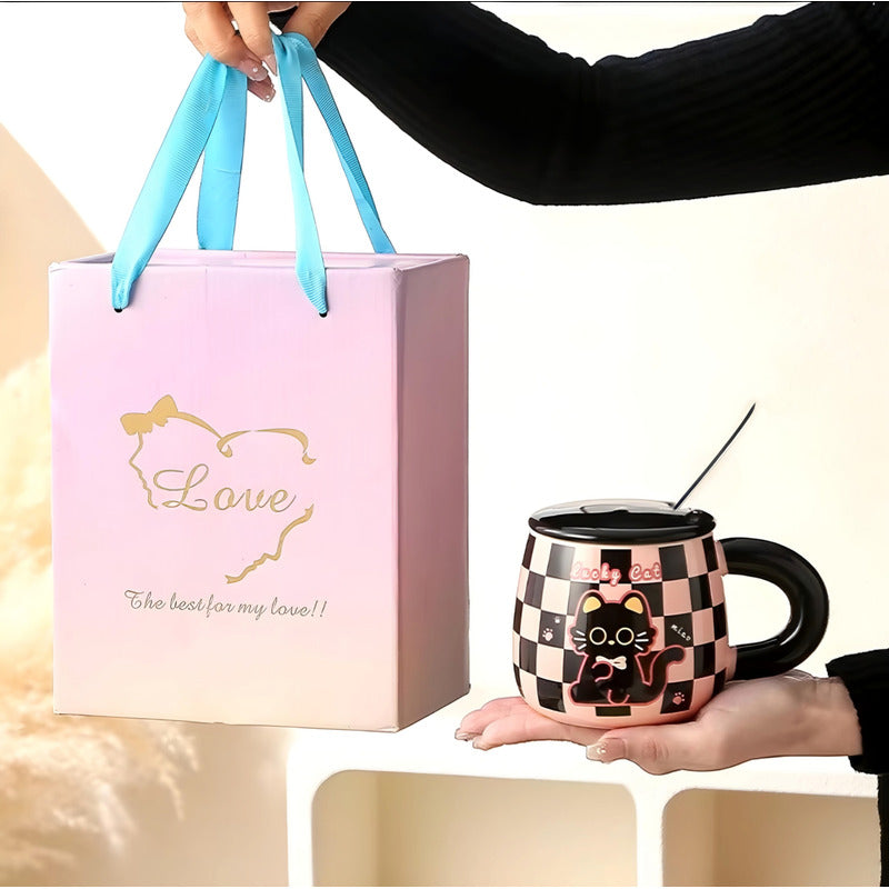 Tazón Kawaii Gato Y Conejo Mug Con Tapa Cuchara Taza Cartoon