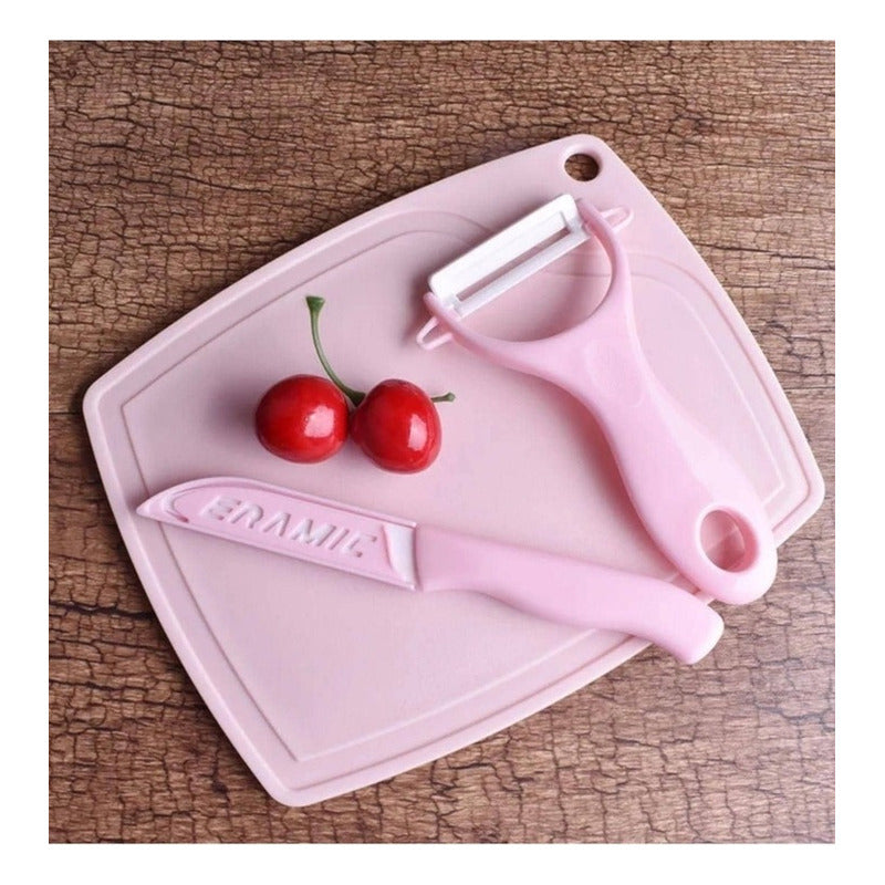 Set Cuchillo + Pelador De Cerámica De Frutas Verdura + Tabla