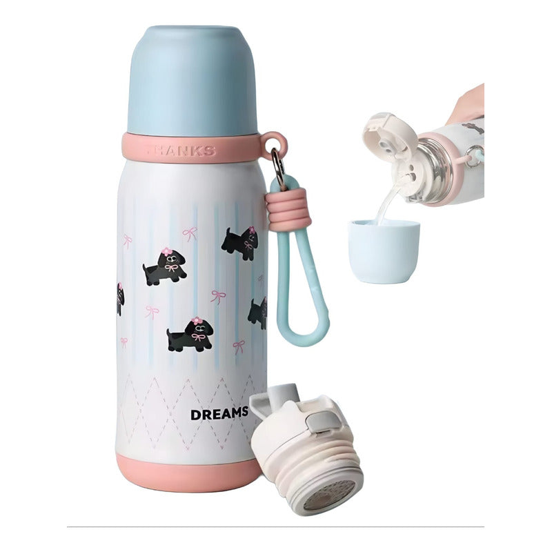 Termo 500ml Inoxidable Kawai Animales + Taza Botella Térmica