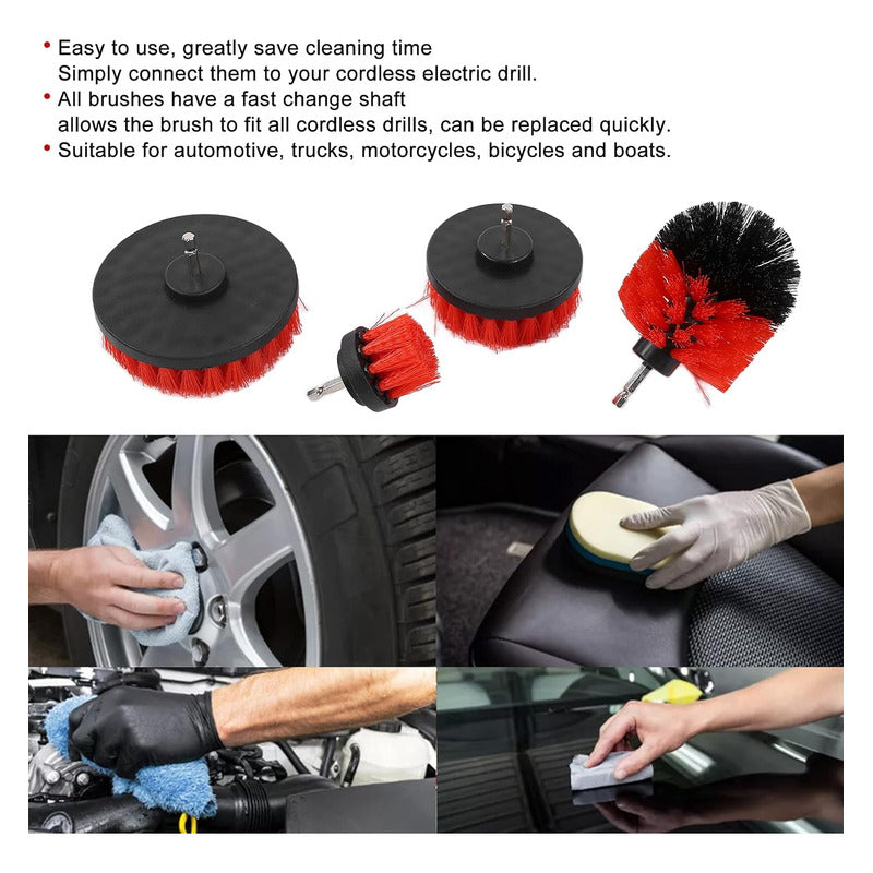 Kit Lavado De Auto 4 Cepillos Cn Broca Para Taladro Limpieza
