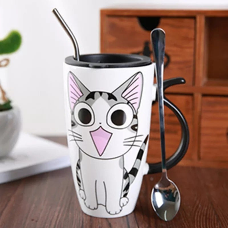 Taza De Gato Mug Con Tapa Con Boquilla Tazón Gato Chi/ Ryc