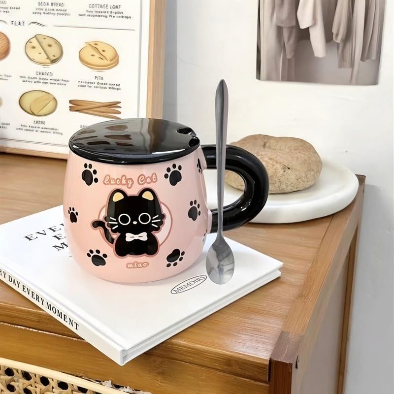Tazón Kawaii Gato Y Conejo Mug Con Tapa Cuchara Taza Cartoon