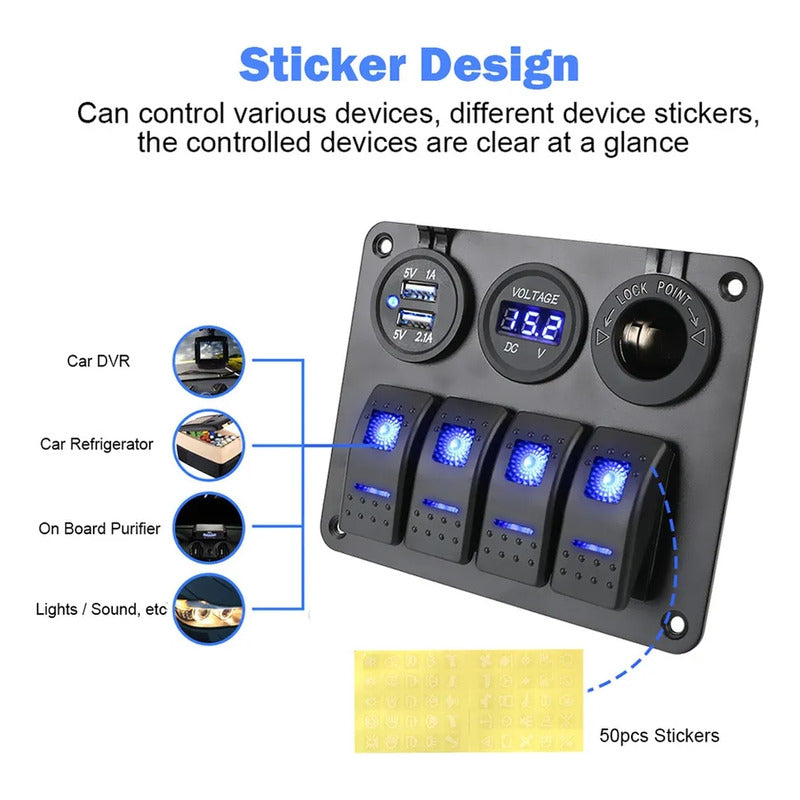 Panel Botonera 4 Interruptores Switch 2usb Voltimetro 12-24v