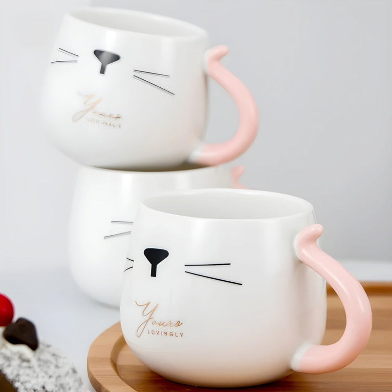 Set Tetera De Gatito De Porcelana + 4 Tazas + Bandeja Bambu