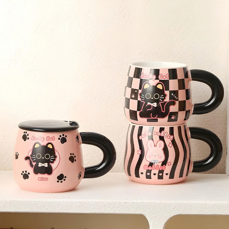 Tazón Kawaii Gato Y Conejo Mug Con Tapa Cuchara Taza Cartoon