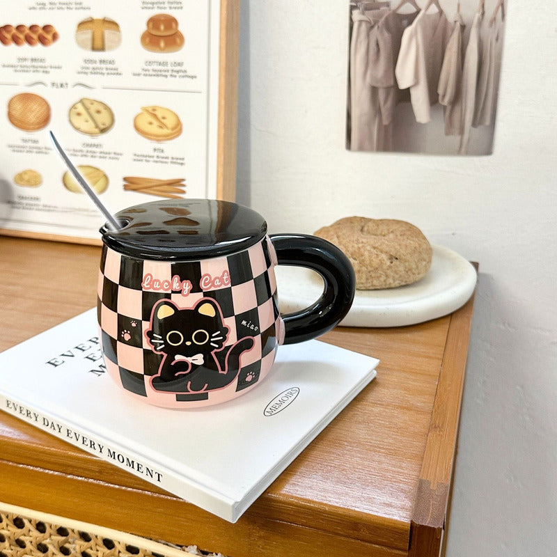 Tazón Kawaii Gato Y Conejo Mug Con Tapa Cuchara Taza Cartoon