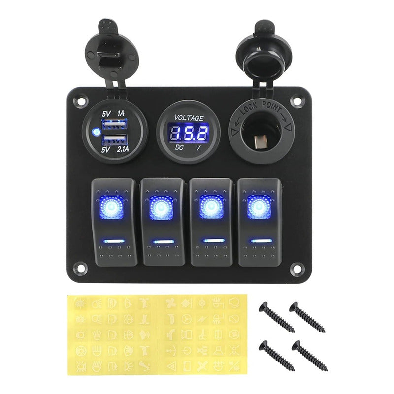 Panel Botonera 4 Interruptores Switch 2usb Voltimetro 12-24v