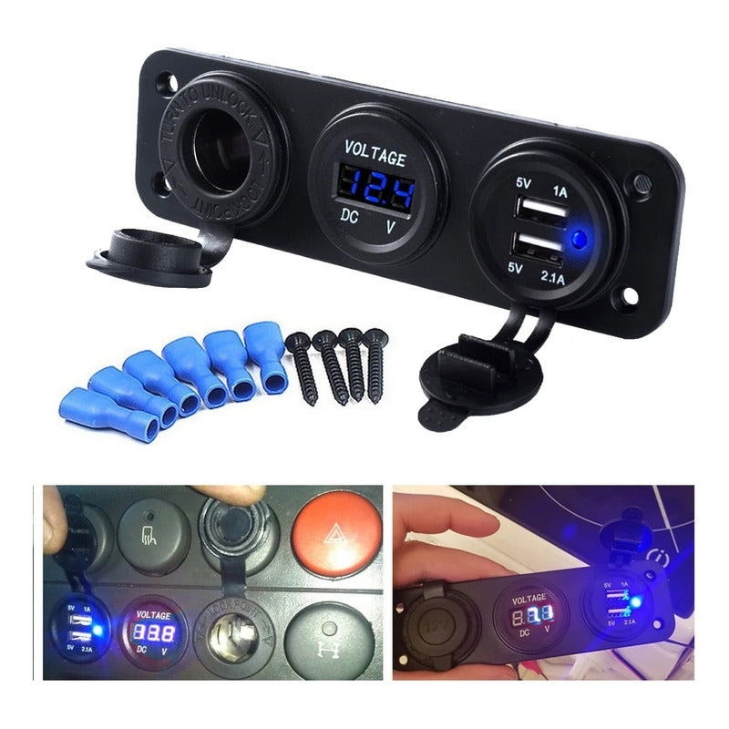Panel Triple Adaptador 2usb + Voltímetro + Cenicero 12-24v