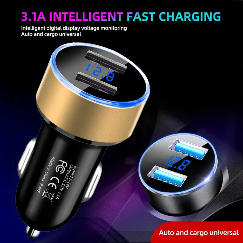 Cargador Auto Doble Usb 3.1a Con Voltímetro 12-24v Adaptador