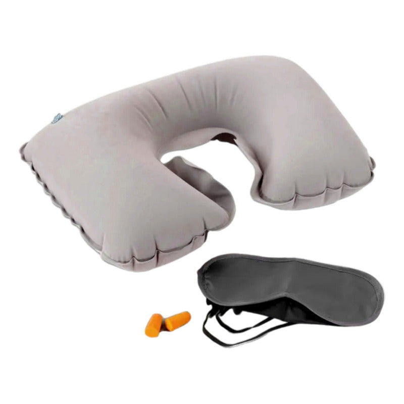 Kit De Viaje Inflable Cojín Cuello Lumbar Asiento + Antifaz Color Beige Diseño De La Tela Aterciopelado