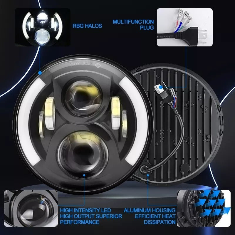 X2 Foco Jeep 7 Pulgadas Ojo De Angel Bicolor Lateral Led R&c
