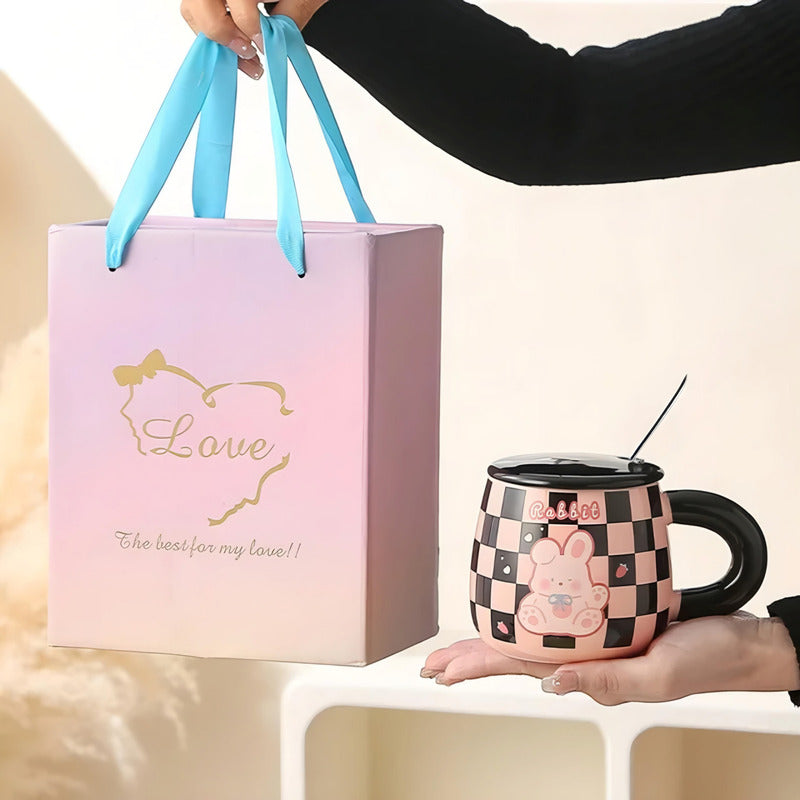 Tazón Kawaii Gato Y Conejo Mug Con Tapa Cuchara Taza Cartoon