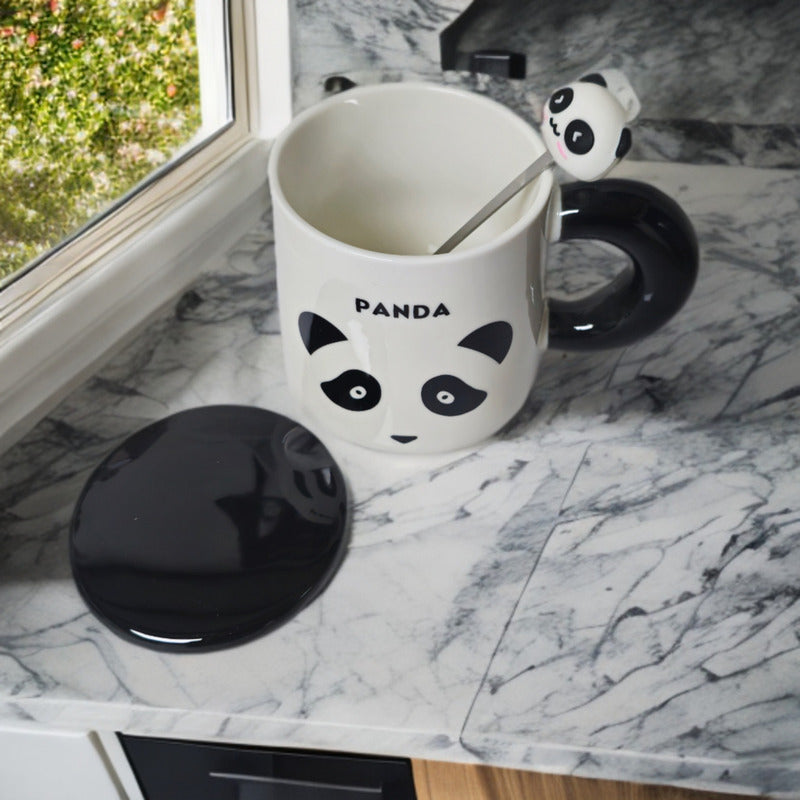 Tazón Oso Panda Taza Kawaii Con Tapa Y Cuchara 400ml / Ryc