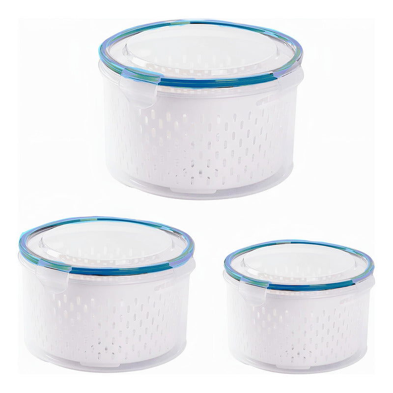 X3 Tupper Hermético Contenedor Alimentos Frescos Con Colador