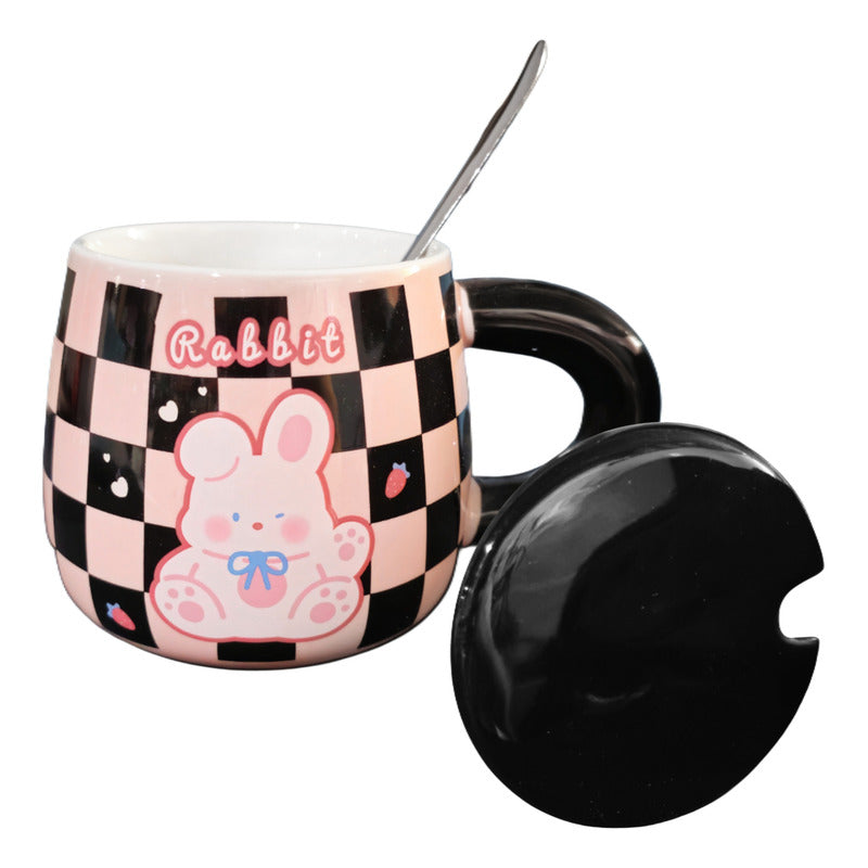 Tazón Kawaii Gato Y Conejo Mug Con Tapa Cuchara Taza Cartoon