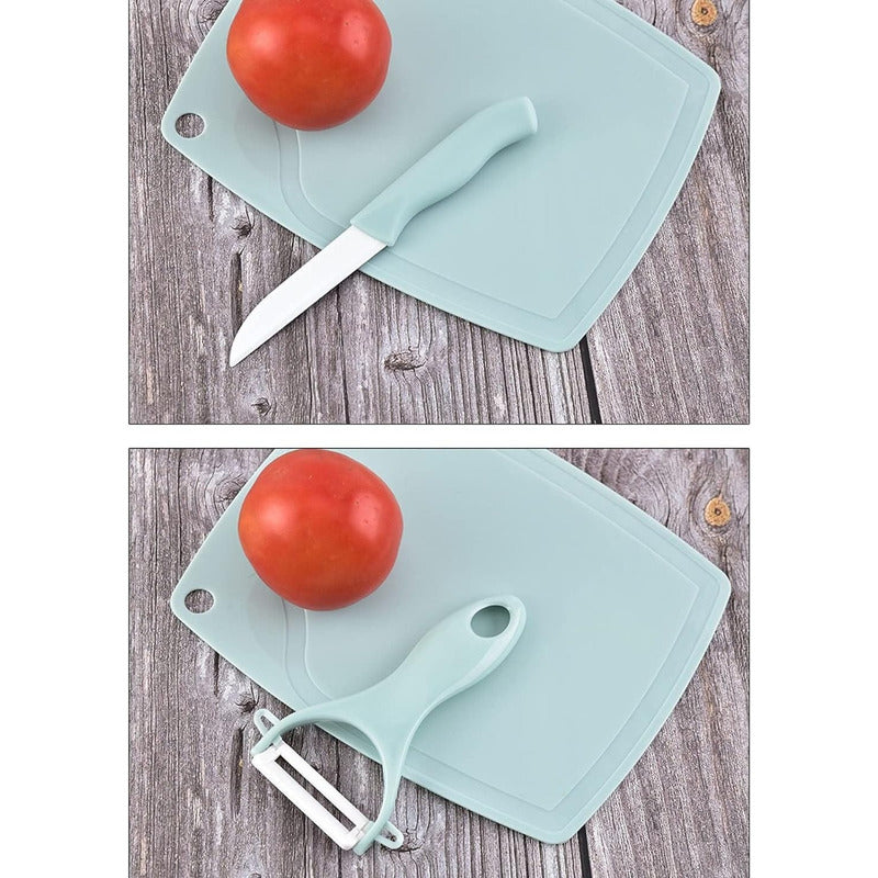 Set Cuchillo + Pelador De Cerámica De Frutas Verdura + Tabla