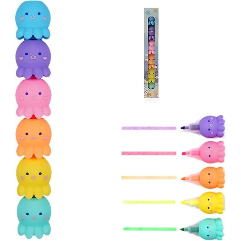 Pack 5 En 1 Destacadores De Pulpo Kawaii Resaltadores Cute