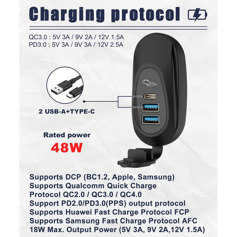 Adaptador Carga Rápida 2 Usb 1 Type C 12-24v Sobrepuesto
