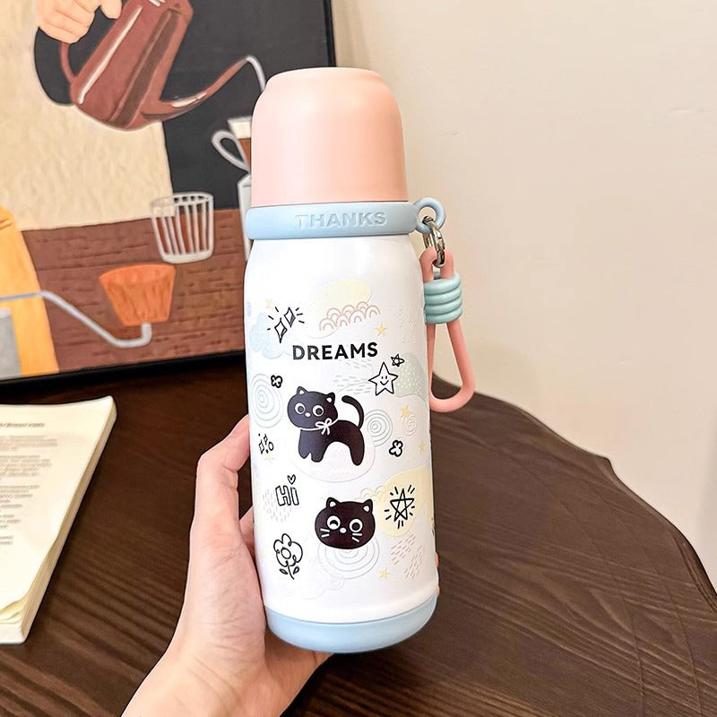 Termo 500ml Inoxidable Kawai Animales + Taza Botella Térmica