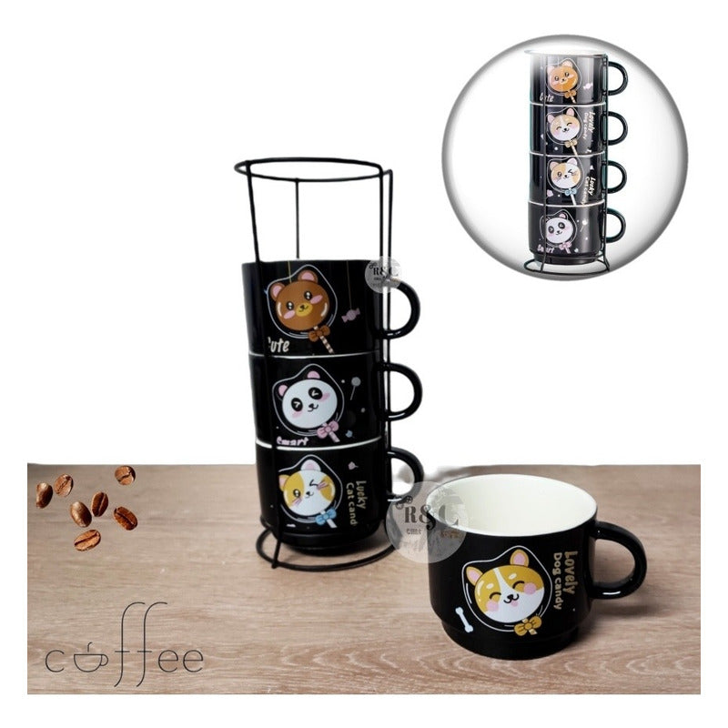 X4 Set Tazas Mug Tazón Gato Chi Apilables 7cm + Soporte /r&c
