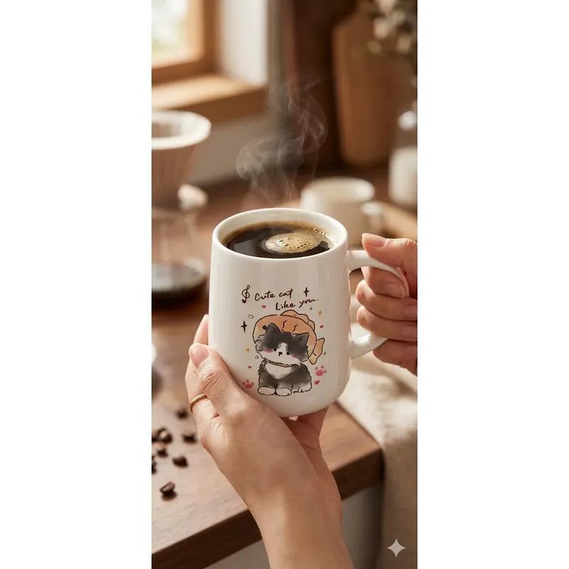 Tazón Cerámica Gatito Lindo Con Tapa Y Cuchara Kawaii Cute Blanco Mk-212 A