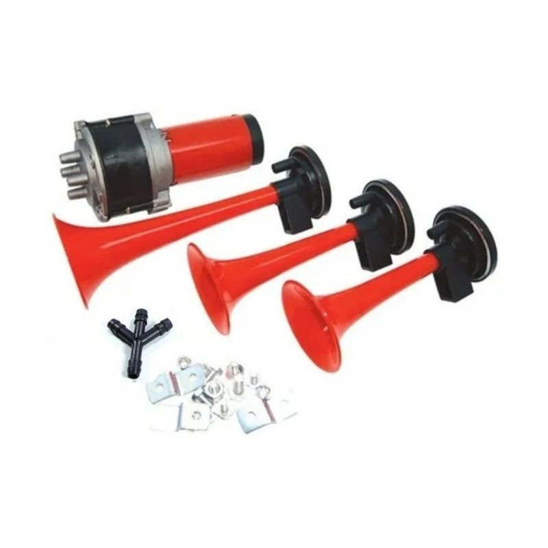 Bocina Eléctrica Tres Trompetas Aire + Compresor Auto 12v
