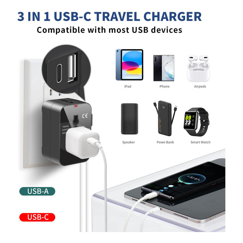 Adaptador De Enchufe Viajero Con Usb + Tipo C Conector Viaje