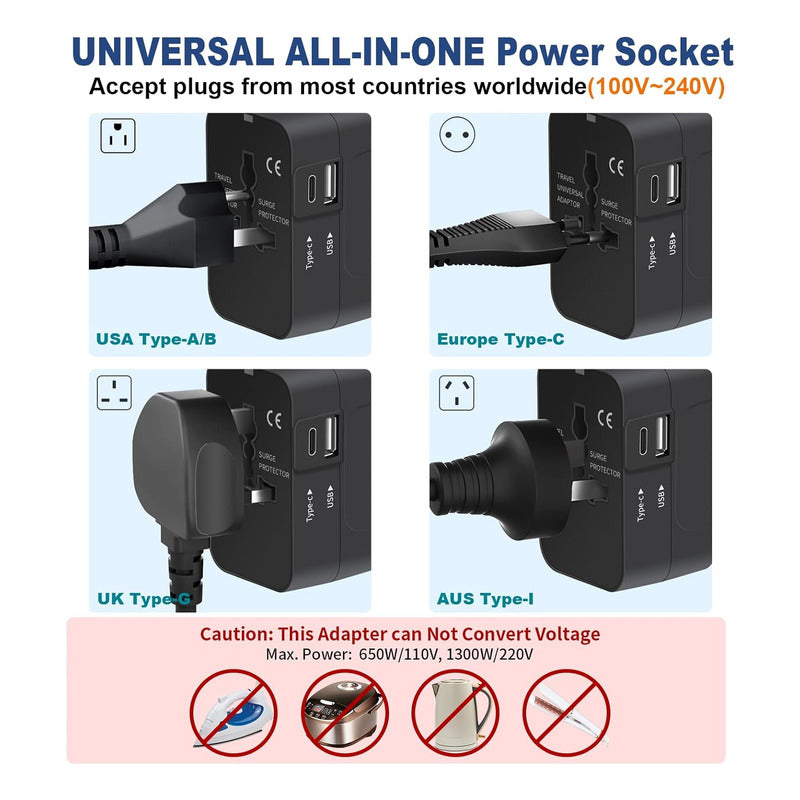 Adaptador De Enchufe Viajero Con Usb + Tipo C Conector Viaje