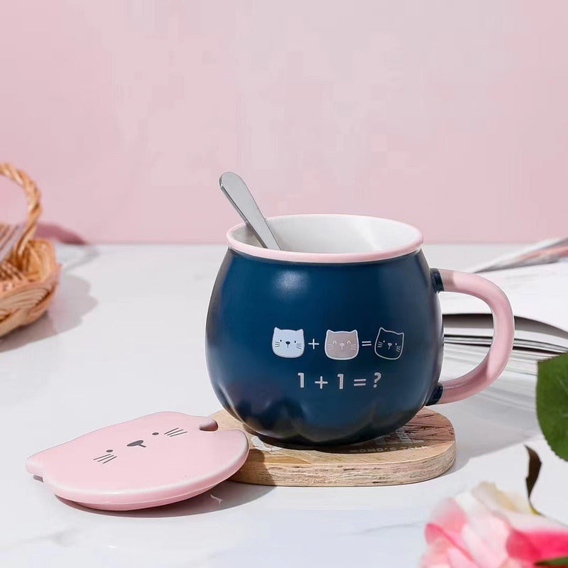 Taza Cat Cute Mug Con Tapa Y Cuchara Gato Kawaii /r&c